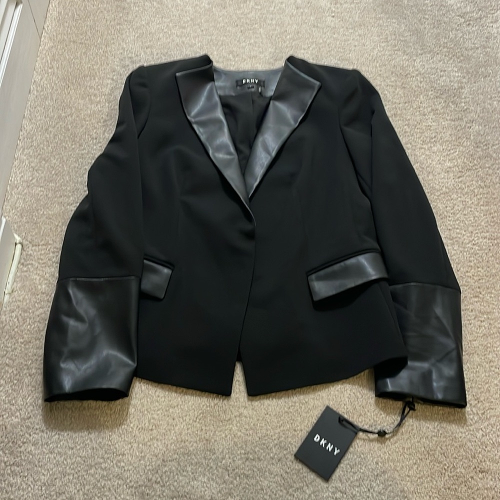 DKNY faux, leather, trimmed black blazer